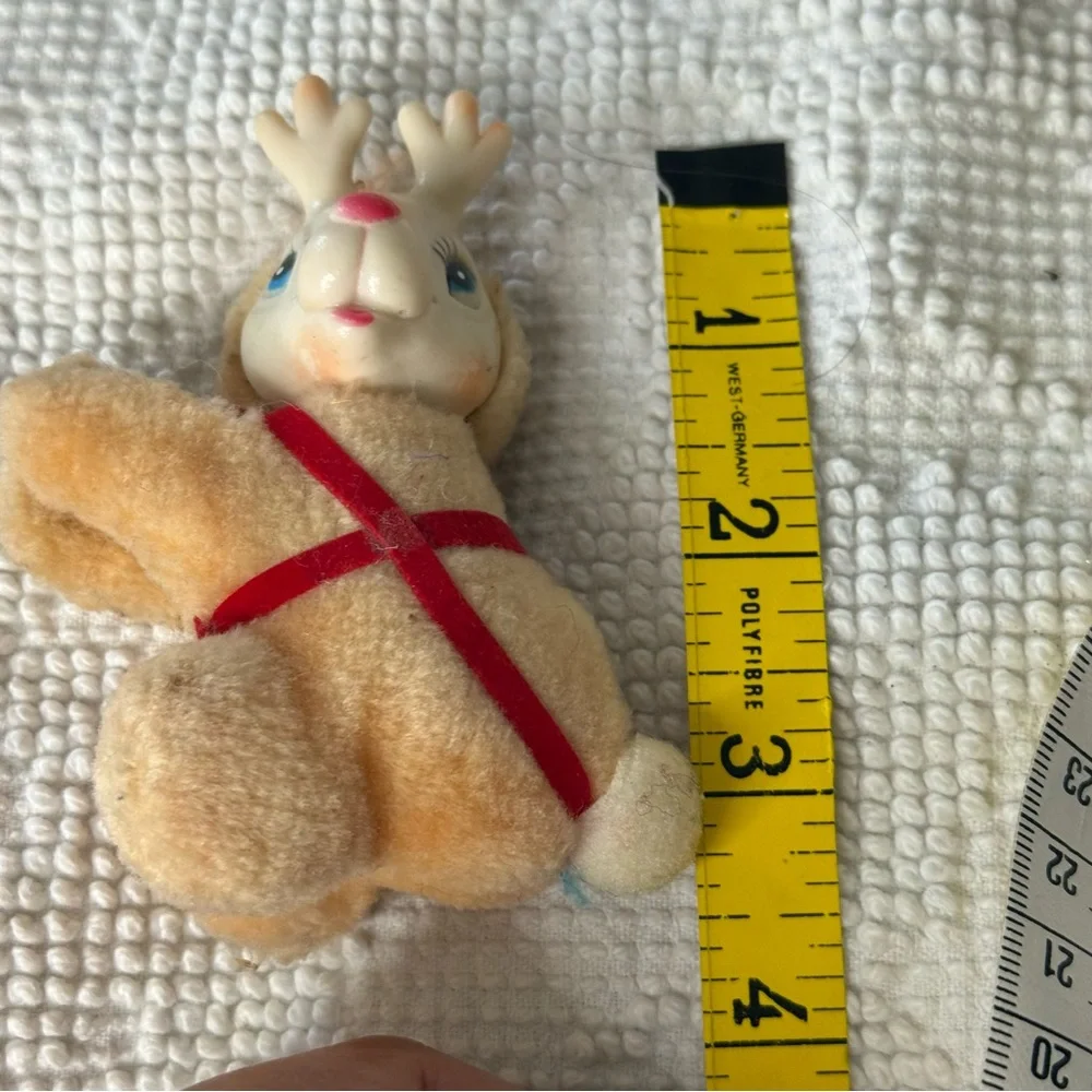 Vintage‎ Christmas Reindeer Plush Rubber Face Tan Red Harness MCM Toy 4 Inch